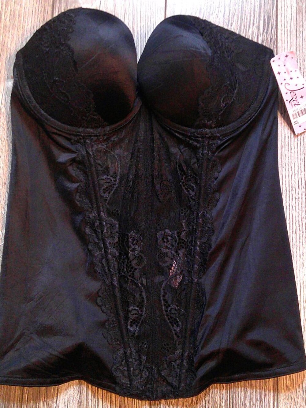 NWT "Jezebel" Caress Too Low U-Back Strapless, Boned BUSTIER n Black Sz 34B